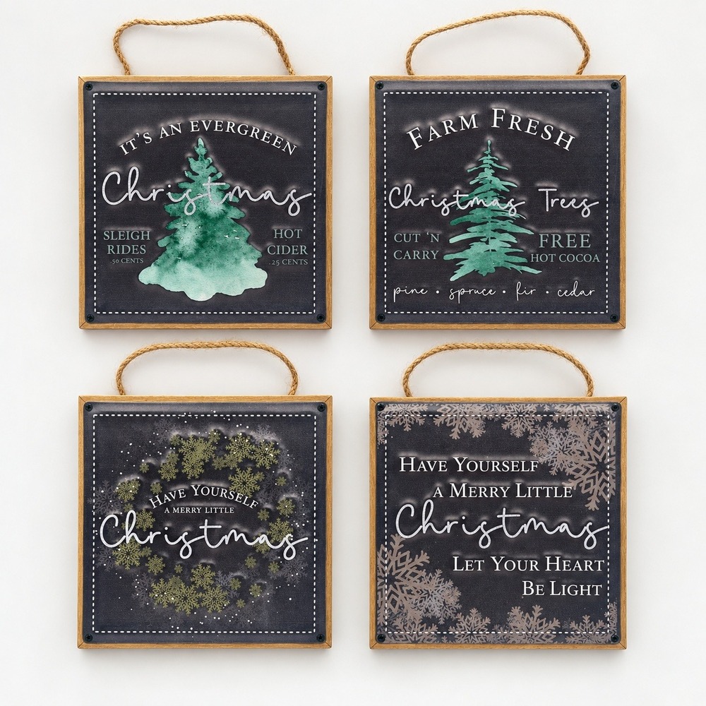 Christmas Farmhouse Hanging Sign Set of 4 Embossed Metal Wood Frame Evergreen